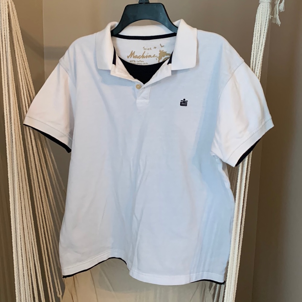 2/$15 Machine- Men’s Large- white w/ black “fake” underlay shirt polo